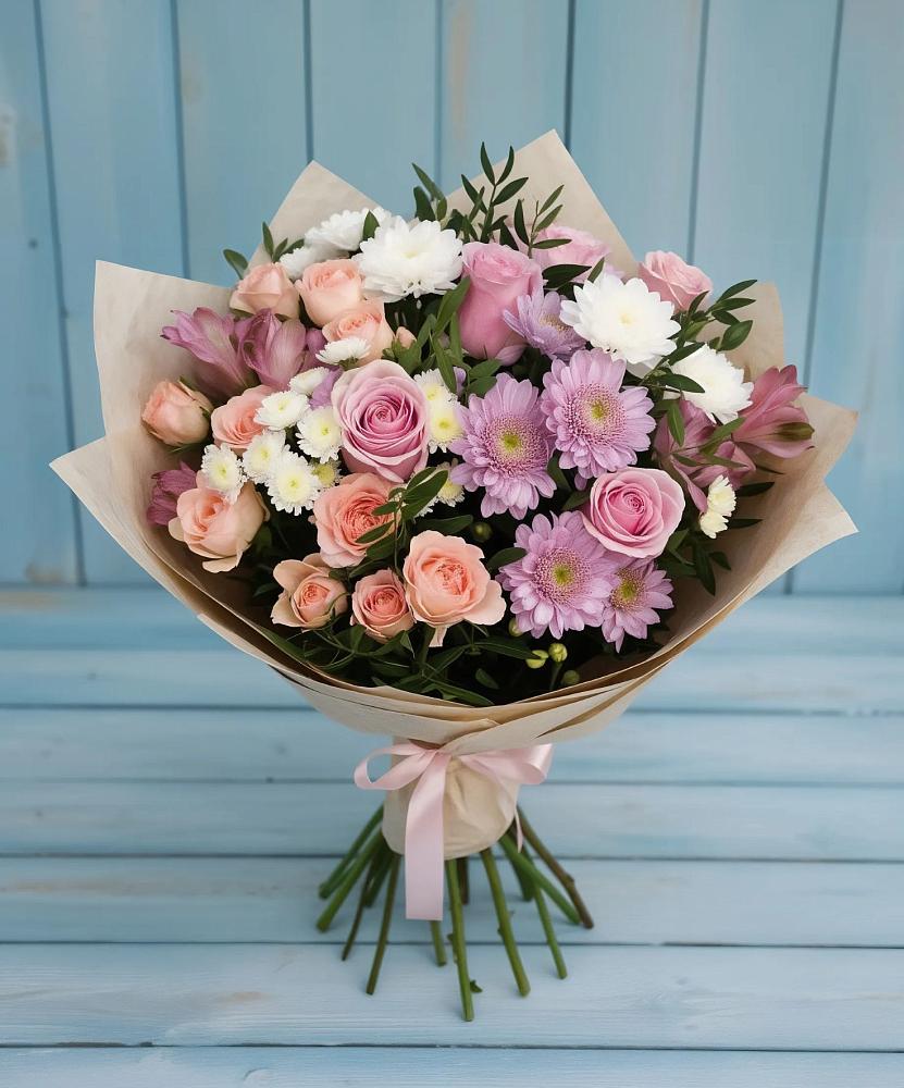 Букет цветов из: Хризантемы, Розы и Альстромерии в Рождественской Хаве