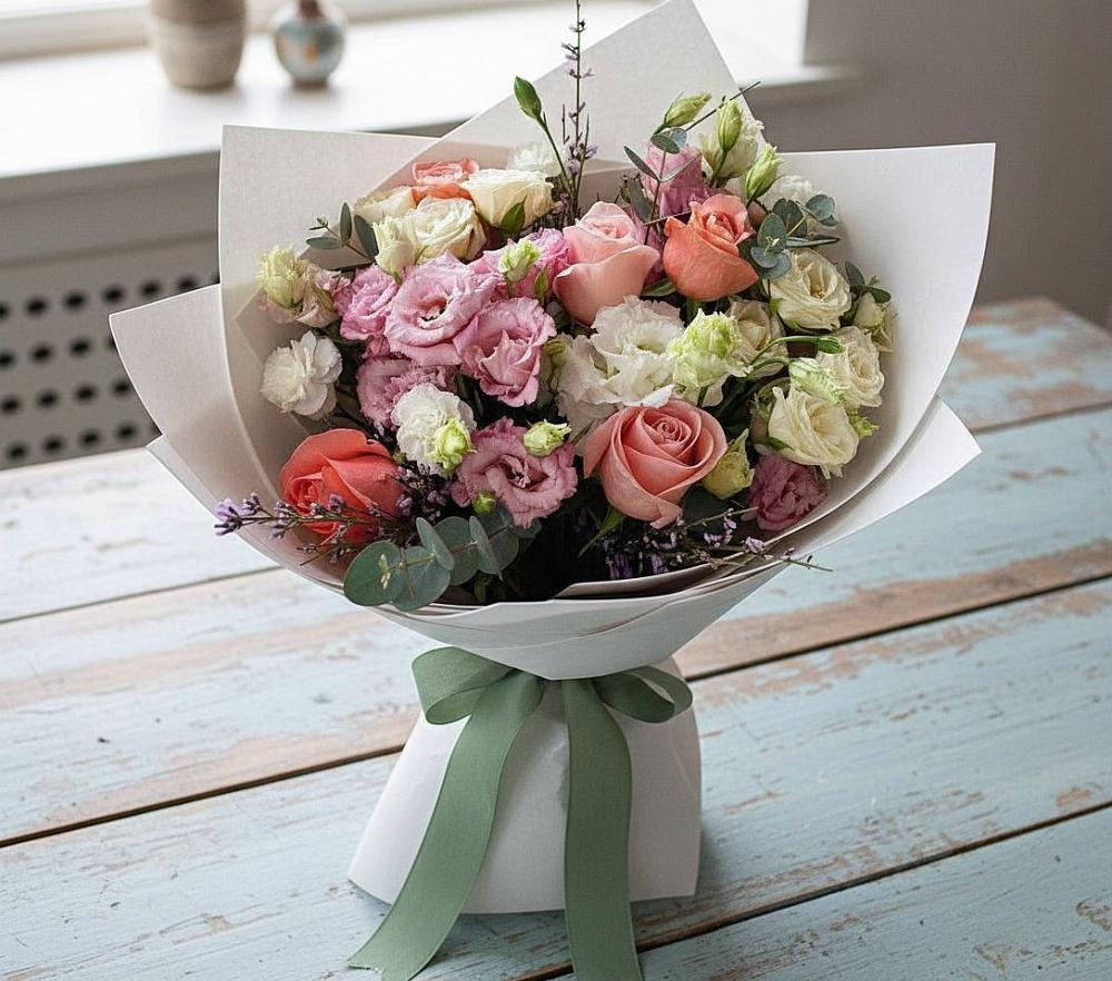 Букет цветов из: Розы, Лизиантусы и Гвоздики в Рождественской Хаве