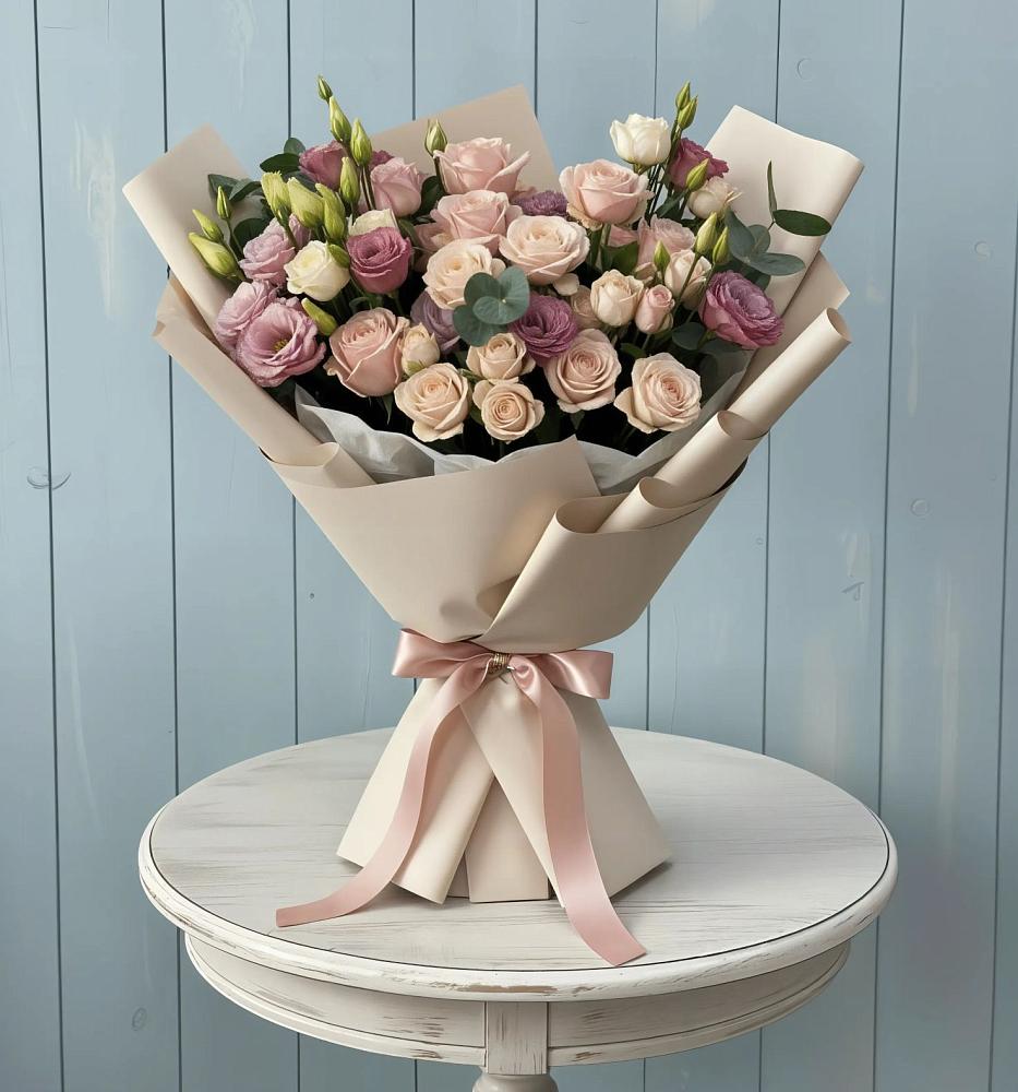 Букет цветов из: Розы и Лизиантусы в Рождественской Хаве