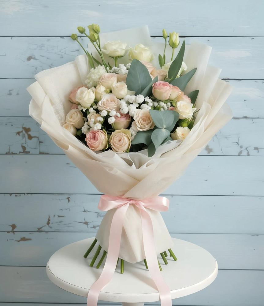 Букет цветов из: Розы и Лизиантусы в Рождественской Хаве