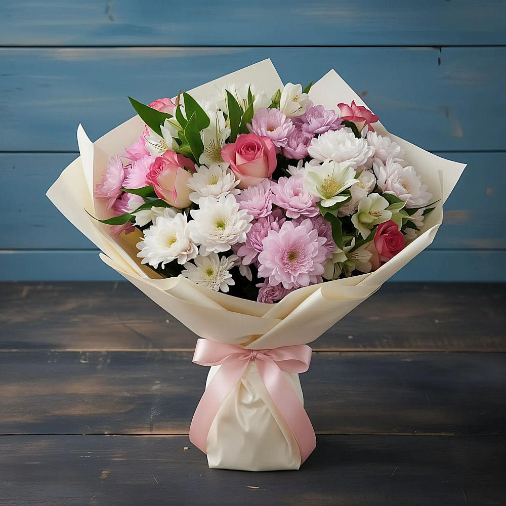 Букет цветов из: Хризантемы, Альстромерии и Розы в Рождественской Хаве